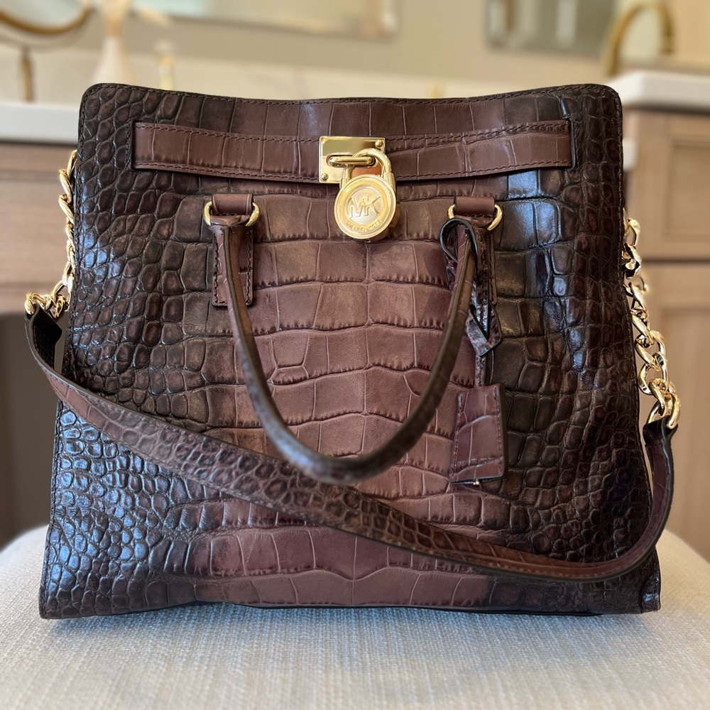 Michael Kors Brown and Gold Satchel with Crocodile Embossing